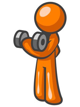 An orange man curling a dumbbell working out for fitness.