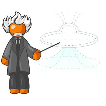 An orange man who looks like Einstein showing how to build a UFO.