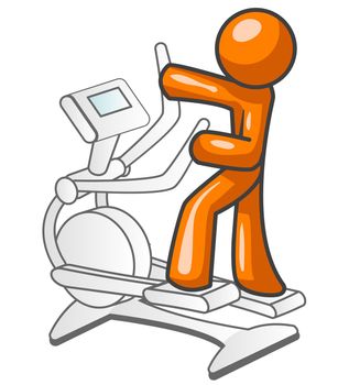 An orange man excersizing on a workout machine.