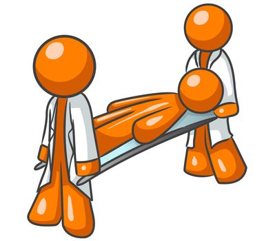 A vector illustration of an orange man being carried by two other orange men on a cot.