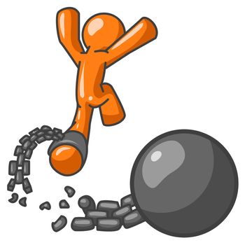 An orange man escaping from a ball and chain, which can be a good concept on breaking from a contract, divorce, or escaping adversity.