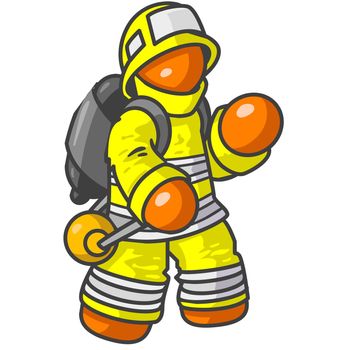 An orange fire man with his arms out, as if something could be placed in his hands to hold. 