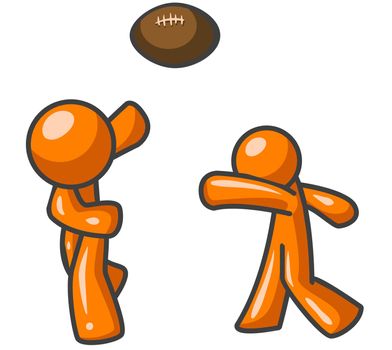 Two orange men playing football together, probably just for some freindly competition.