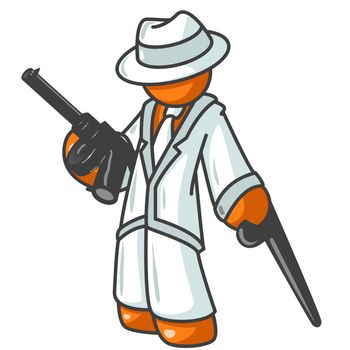 An orange man holding a tommy gun with a white suit on. Can probably be considered an old fashioned gangster.