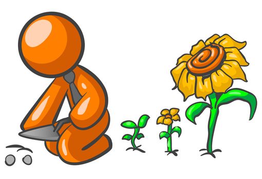 An orange man planting seeds, which are coming up behind him very fast as full grown flowers!