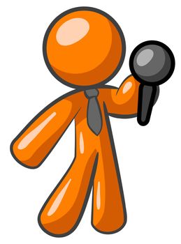 An orange man holding a microphone giving a speech or presentation. 