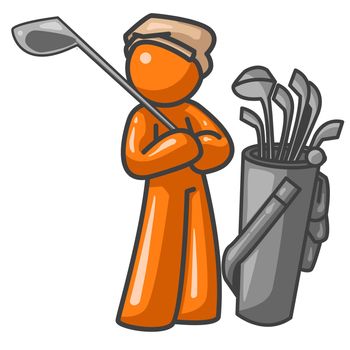 An orange man with his golf clubs ready to play!