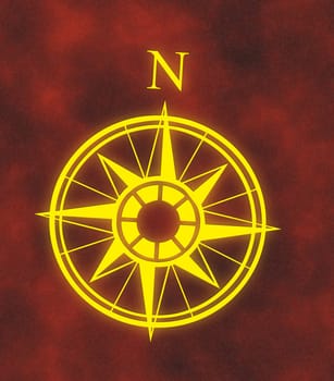 great glowing north arrow and compass on hot red background