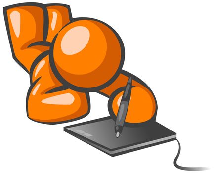 An orange man working on an illustration using a graphic tablet. 