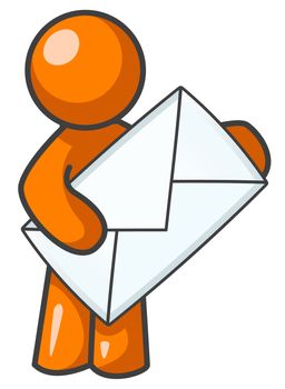 an orange man holding an envelope delivering mail. 