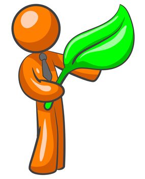 An orange man holding a large leaf. Good illustration for modern need to take care of the earth. 