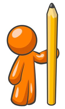 An orange man holding a large pencil. 