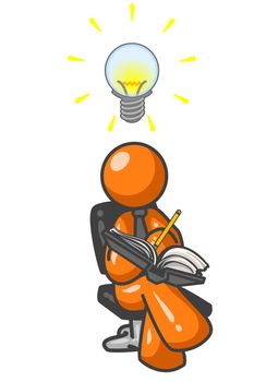 An orange man having ideas (as shown by the bulb) and writing them down. 