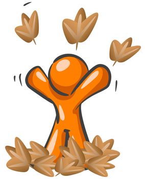 An orange man playing happily in the leaves, throwing them in the air. 