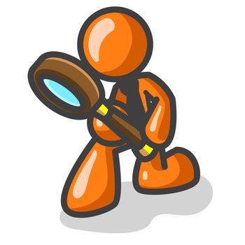 An orange man detective looking down on his work through a magnifying glass. 