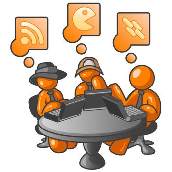 Three orange men at a cafe table with computers. RSS, Chat, and Links are symbolized above. 