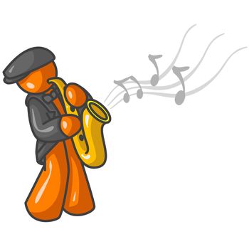 An orange man playing the saxaphone with musical notes flowing into the air. 