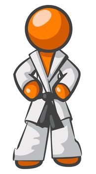 An orange man standing up straight ready for Karate action. 