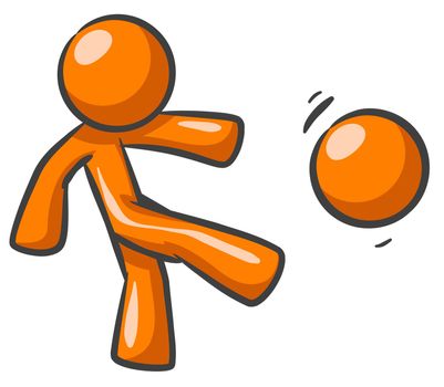 Orange Man kicking a ball or the head of another orange man. 