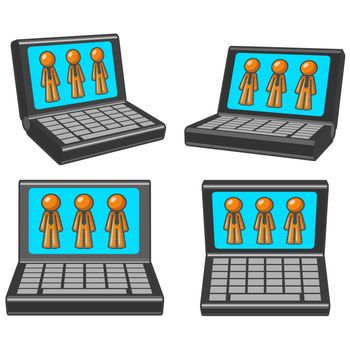 The orange man character inside of some laptop computer monitor displays, at four different angles. 