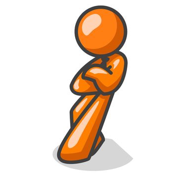 An orange man leaning back against an invisible barrier in a confident way. 