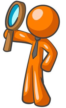 An orange man looking up through a magnifying glass. He must be an intelligent quality inspector!