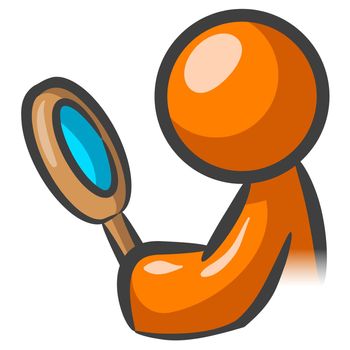 An orange man looking through a magnifying glass. 