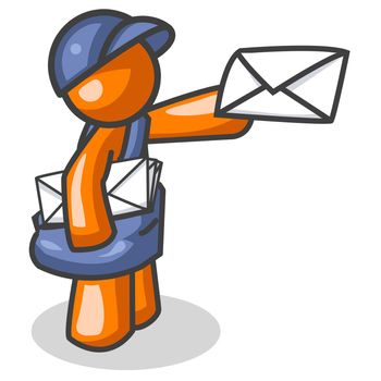 An orange man delivering mail. Good concept for e-mail or distance communication.