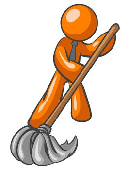 An orange man holding a mop and cleaning the floor. 