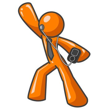 An orange man dancing while listening to an MP3 player. The MP3 Player is generic. 