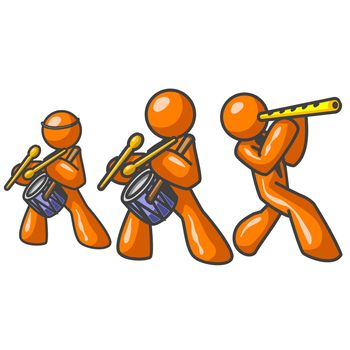 Three orange men comprising a musical group with flutes and drums. 