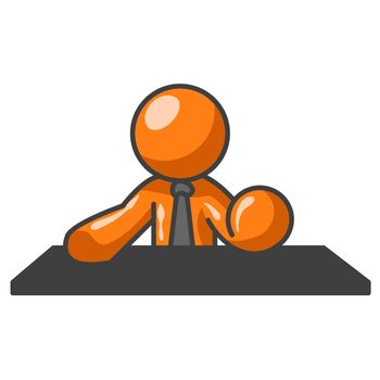 An orange man gesturing in an authoritative way at a table top. 