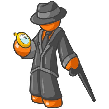 An orange man holding a stop watch while holding a stylish cane and wearing a hat. He looks good!