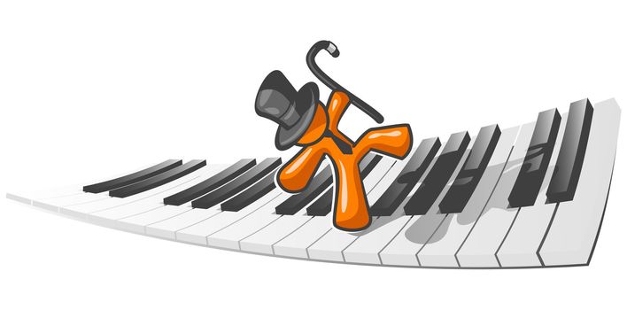 An orange man dancing accross a piano as an abstract concept in musical enjoyment.