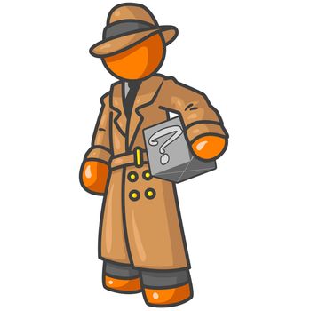 An orange man detective holding a box with something in it, but no one knows what, as shown by the question mark. 