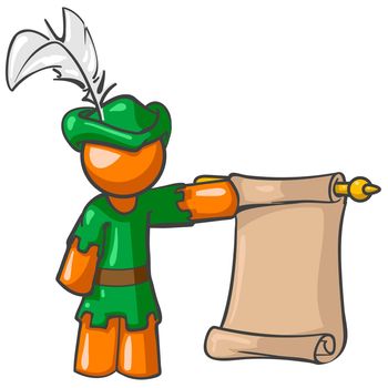 A vector illustration of an orange man dressed as a pageboy holding a scroll.