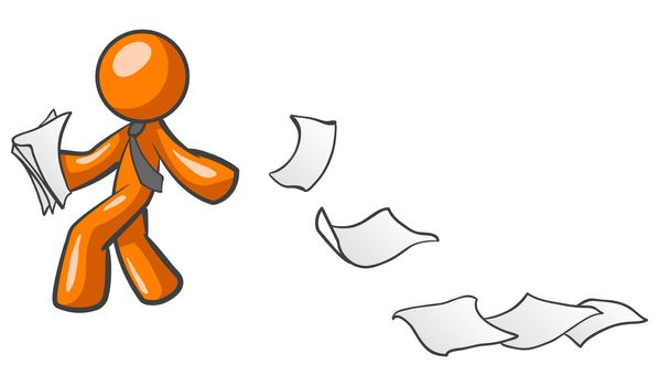 An orange man processing papers and leaving a trail. Concept based on the phrase "leaving a paper trail."