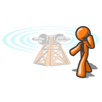 An orange man with a cellular tower in the background. 