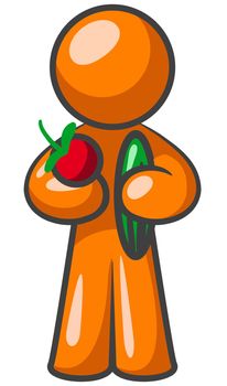 An orange man holding fruits and vegetables. 