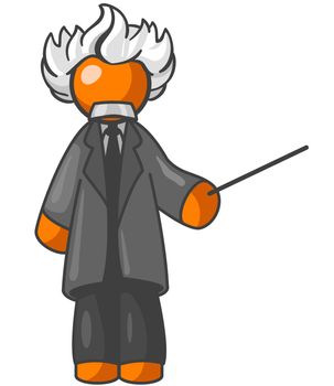 An orange man professor who looks like Einstein, motioning with a stick to an open area for your design. 
