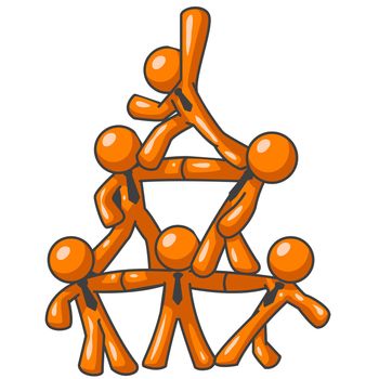 Six orange men forming a human pyramid as a symbol of cooperation, success, and teamwork.