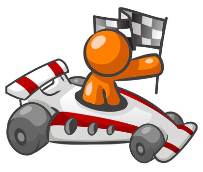 Orange Man Sitting in a race car and holding a checkered flag. 