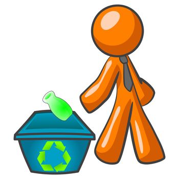 An orange man throwing a green bottle into a recycling bin. 