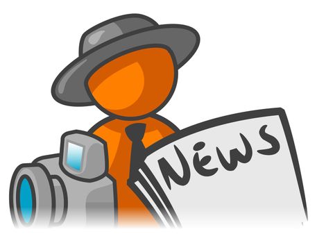 An orange man with a news paper and camera in front of him. 