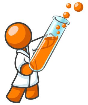 An orange man scientist holding a test tube with bubbles coming out of it. It might be orange man DNA or blood. 