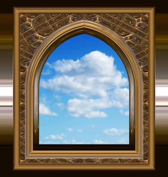 image of a gothic or science fiction window looking onto cloudy blue sky