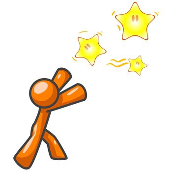 An orange man reaching for the stars while chasing them. Could be a concept in pursuing a goal.