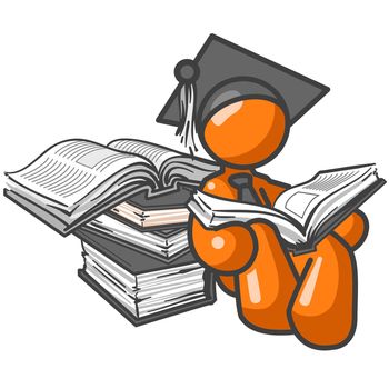 An orange man student leaning up against some books while reading. 