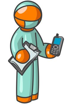 An orange man surgeon holding a cellular phone and clipboard. 