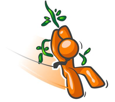 An orange man swinging on a vine like a hero, with his necktie flapping in the wind.